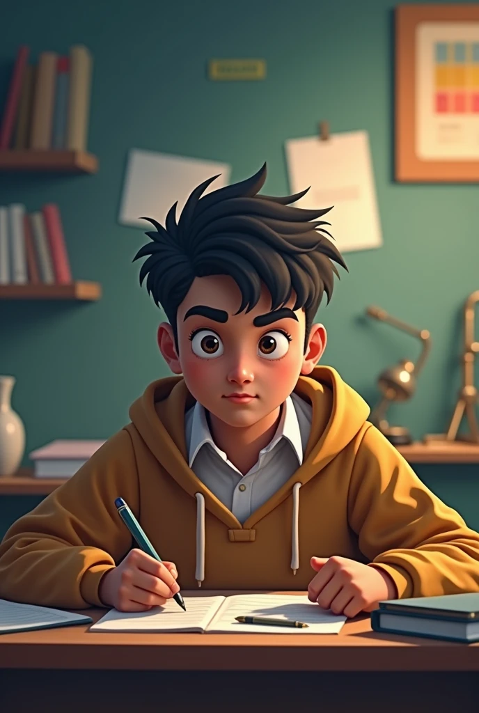 A  boy study on his study table and (Ahmad Shah) name is printed on his background wall