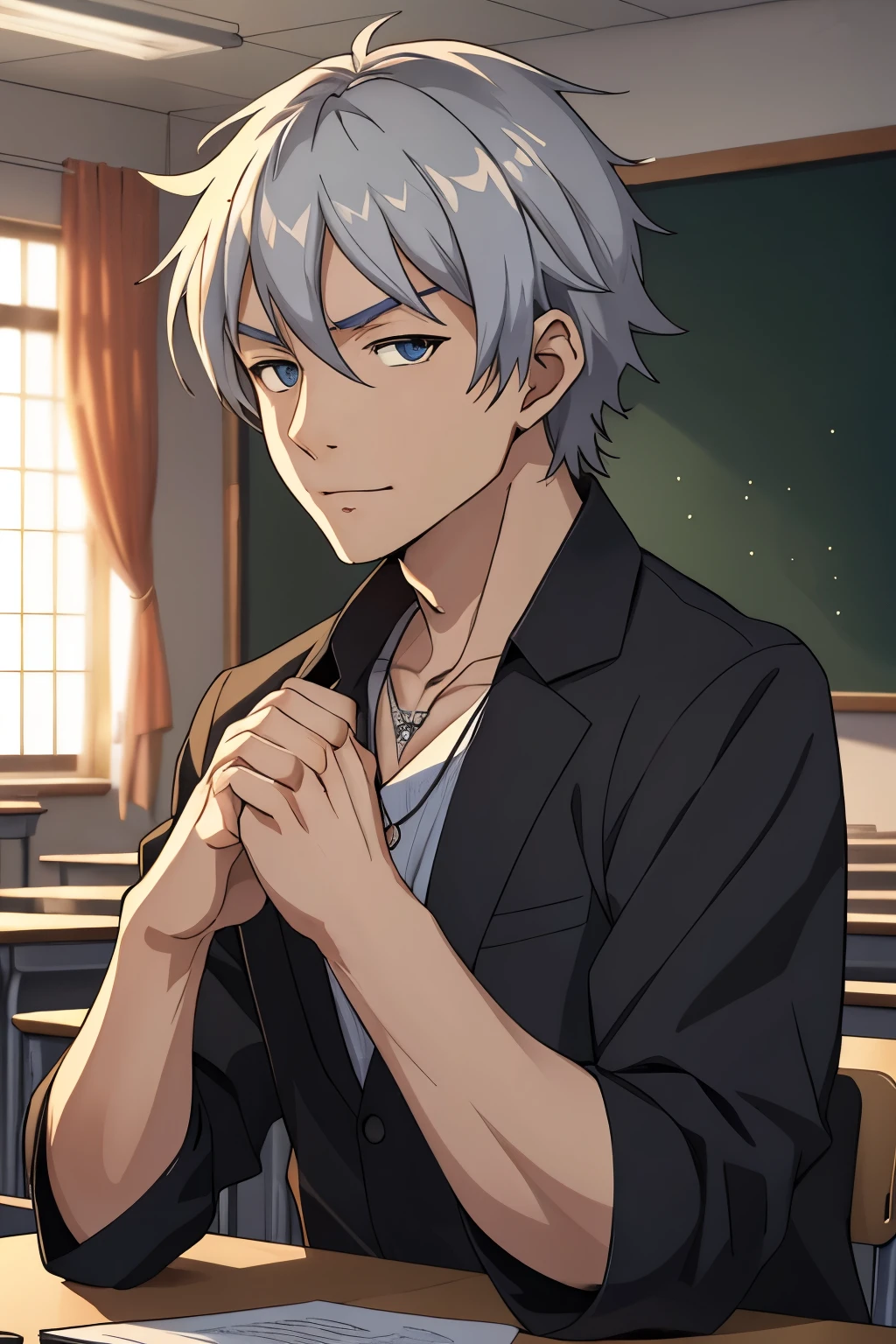 (((masterpiece、Anime Style、high resolution、high quality、Delicate、Ultra-high resolution、８ｋ)))Japanese men、６５age、Gray Hair、elder、Wrinkles、Black suit、WhiteＹshirt、accessories、necklace、classroom