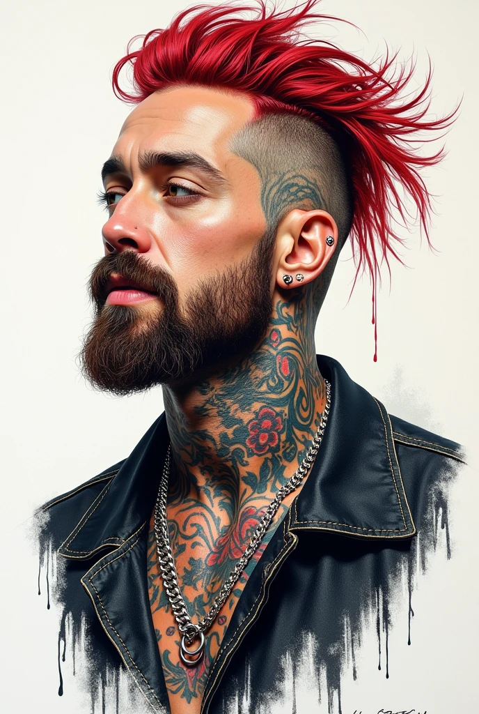 draw a punk man with tattoos and full of piercings, realistic and colorful style
