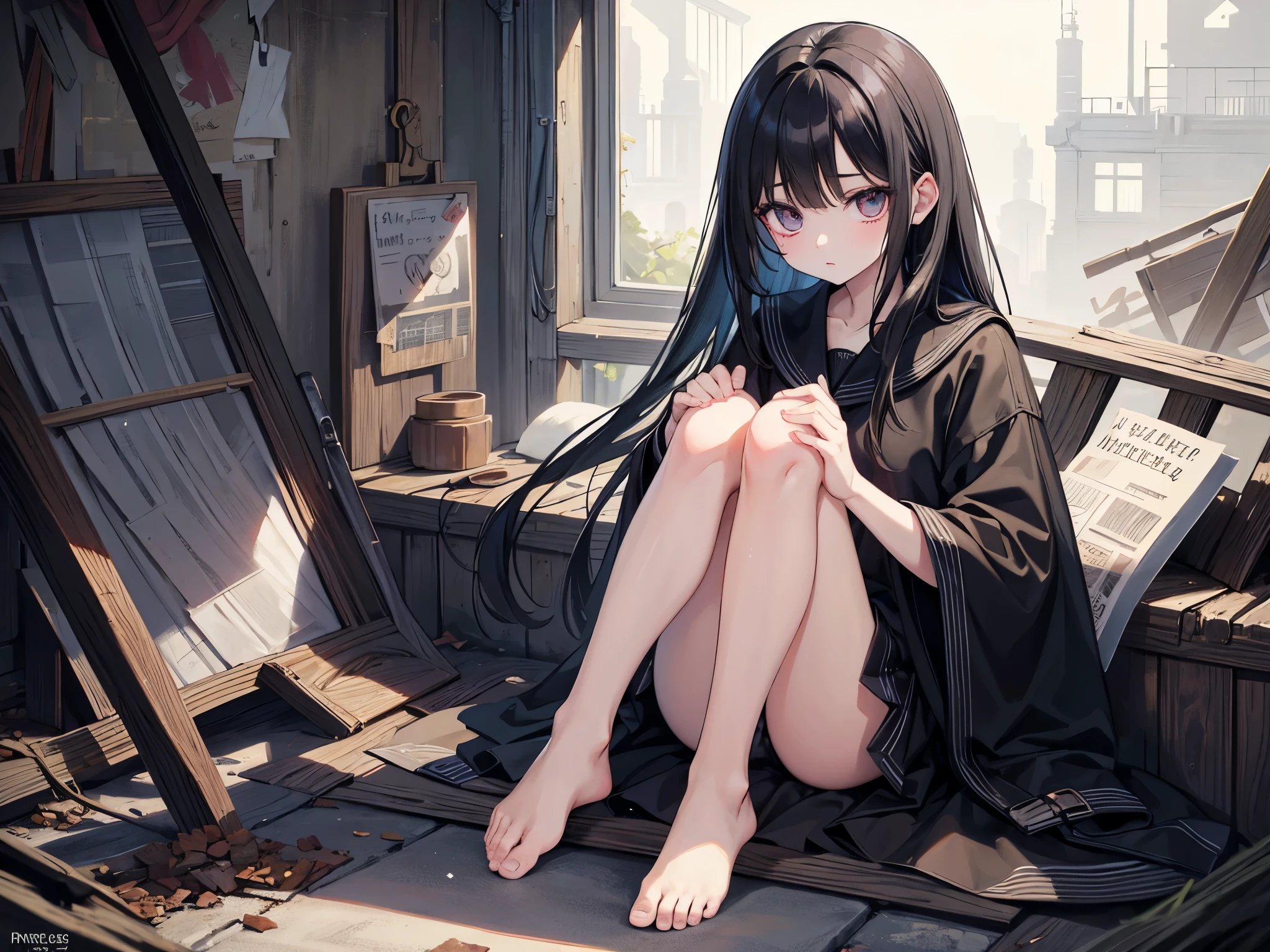 masterpiece, Highest quality, Perfect Face, Highest Resolution, Highest quality,Detailed depiction of the eyes, 8k, 1 girl, young, Black Hair, Long eyelashes, Downcast eyes, mole under the eye, barefoot, Perfect Anatomy, ruins