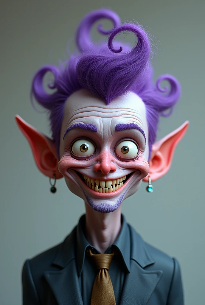 The man has purple hair and slightly long antennae.、He has dark circles under his eyes and jagged teeth like a shark.、The top of his head has curly hair that resembles the top part of a question mark.。A grinning face with one corner of the mouth turned up。The nose is slender and beautiful.。