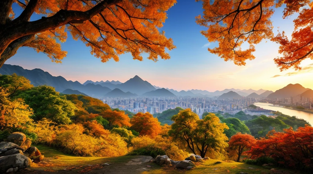 Chic Chinese Autumn Landscape，autumnal，eventide，river bank，The sunset，Luz da noite，long distance view，realistically，anatomical correct，Oriental Elements，plethora of colors，beautiful and colorful，wide plan，positive，natural style，hd shot。The is very detailed，reasonable design，clear lines，High- sharpness，best qualityer，Masterpiece artwork，offcial art，8k