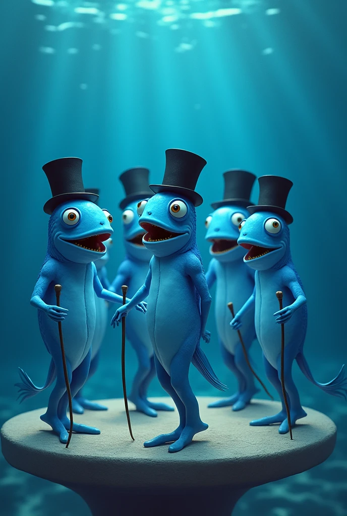 Naked fish with top hats on their heads、He holds a walking stick in his right hand、Everyone is doing a line dance in the ocean。