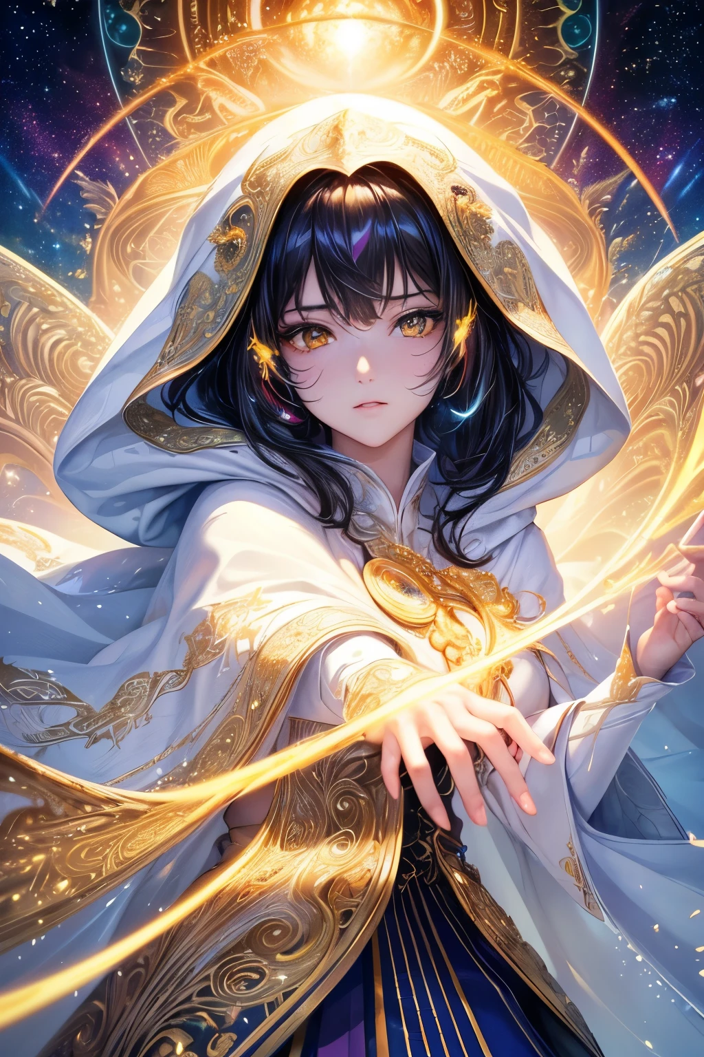 (masterpiece, top quality, best quality, official art, Beautiful and beautiful:1.2), (1 girl), extremely detailed eyes, (Fractal art:1.3), rich and colorful, most detailed, (perfect face), shiny skin, high dynamic range, (white cloak gold thread:1.2), galaxy, (light streaks), Eye-catching visuals, (dynamic stripes, glow trail:1.2), bright colors, (Phoenix), (dragon) black hair