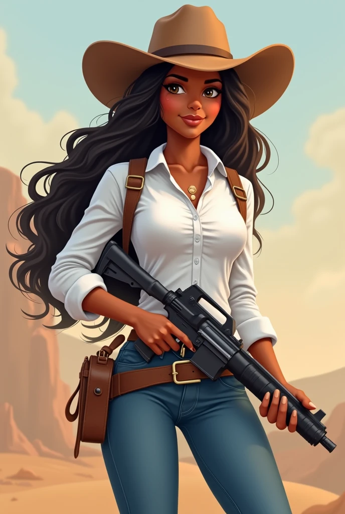 Cowgirl with soft dark skin and white shirt and cowgirl hat and blue jeans and brown boots hold a power wash gun . Make it logo