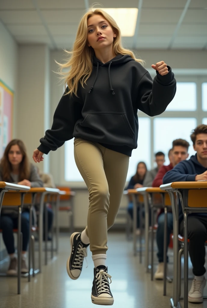 Realistic high school white girl, blonde hair, blue eyes, tight khaki pants, black high top converse shoes, black hoodie, white socks, kicking into the air, classroom background, full body.