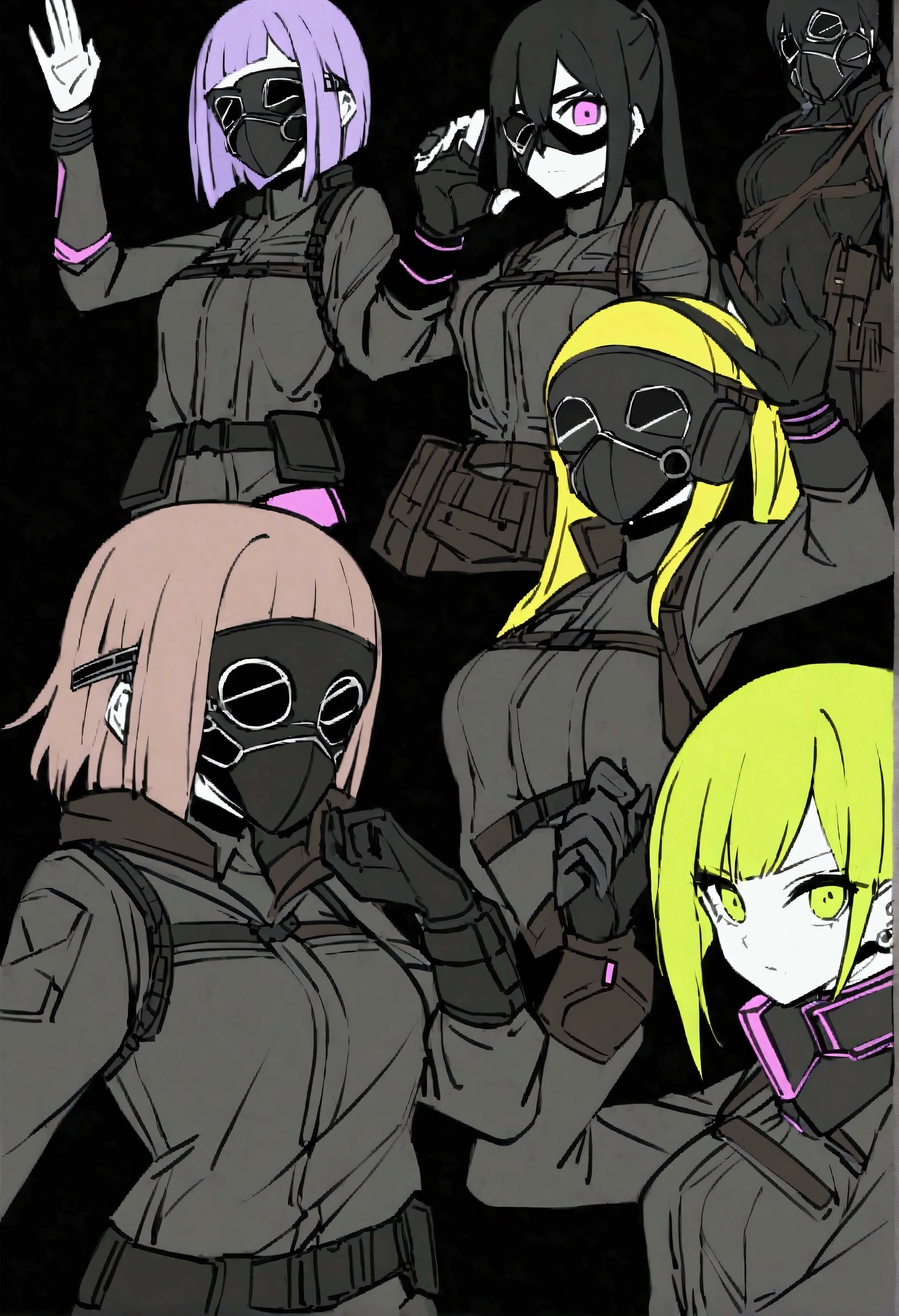 score_9、score_8_up、score_7_up、score_6_up、lucy \(cyber punk\)、Arm Covers、(Black Combat Mask:1.5)、Brown Harness、Tactical Belt、Combat Pose、(One hand up)、、、ExpressiveH、、sinozick style、flat color、Dark Theme