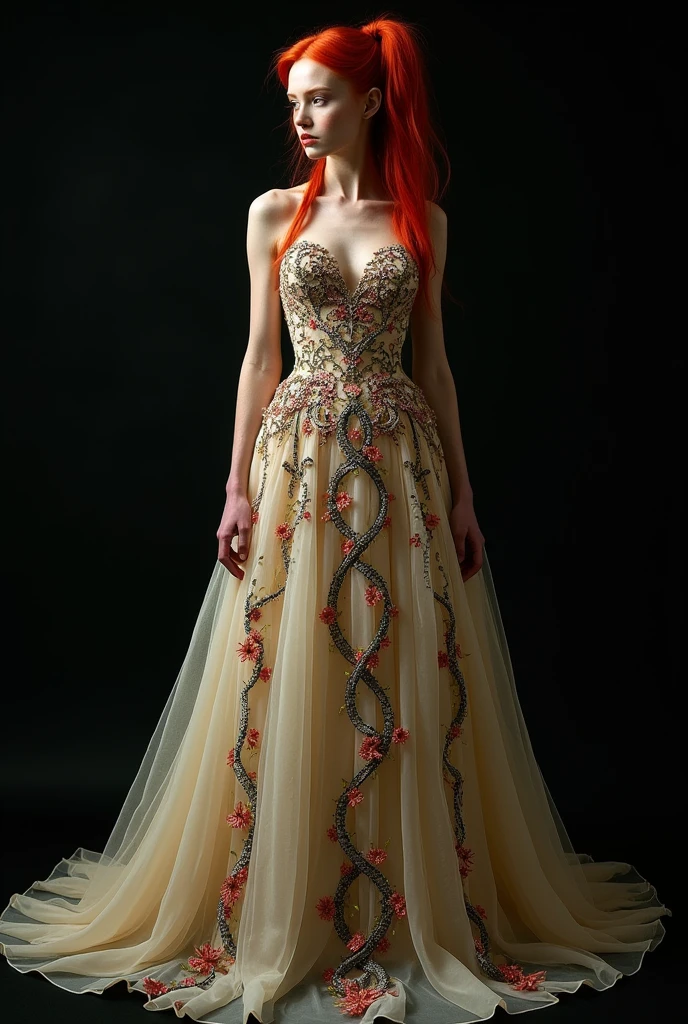 Red-haired snake woman,with a pigtail hairstyle,and a wedding dress with flowers, beige with red black and green,black backdrop,fully body