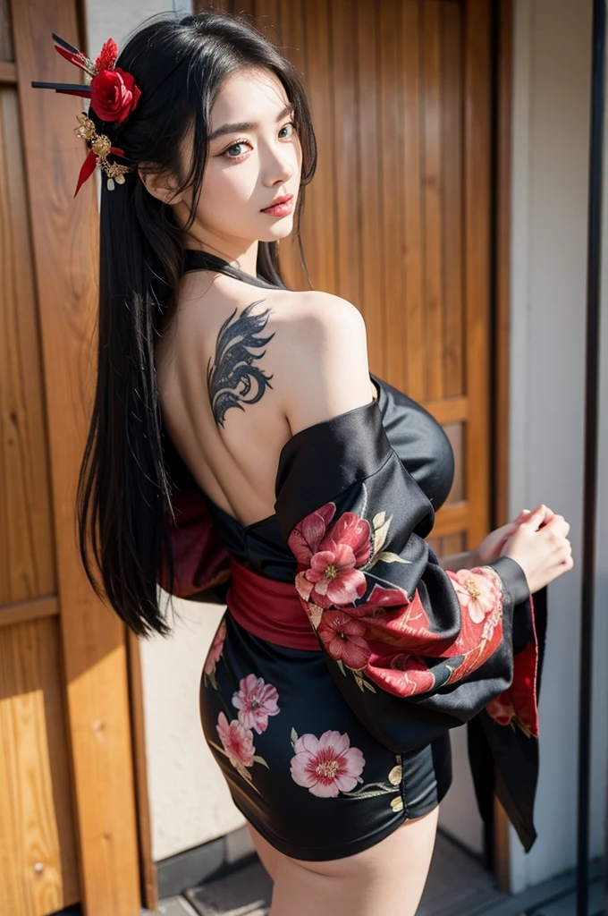 masterpiece, top quality, best quality, official art, beautiful and aesthetic:1.2),1girl, tattoo, solo, japanese clothes, red and black kimono, hair ornament, unsheathing, black hair, sheath, back tattoo, dragon tattoo, blue eyes, off shoulder, bare shoulders, looking back, from behind, flower, looking at viewer, holding, makeup, outdoor, cleavage, thigh, short skirt, sexy