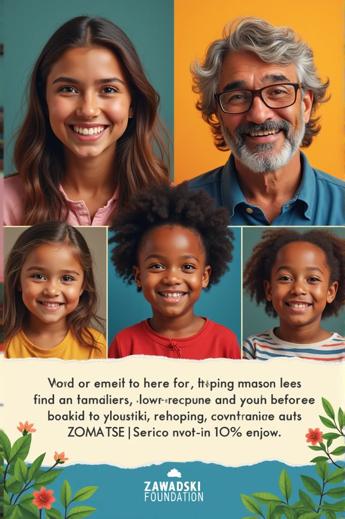Create an advertisement for the Zawadski Foundation in Spanish, highlighting its social work, It can't have a lot of text, just eye-catching images