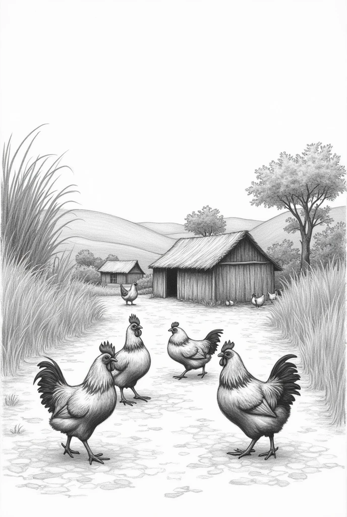 generate an image on the pencil sketch of a poultry farm scene in an African setting