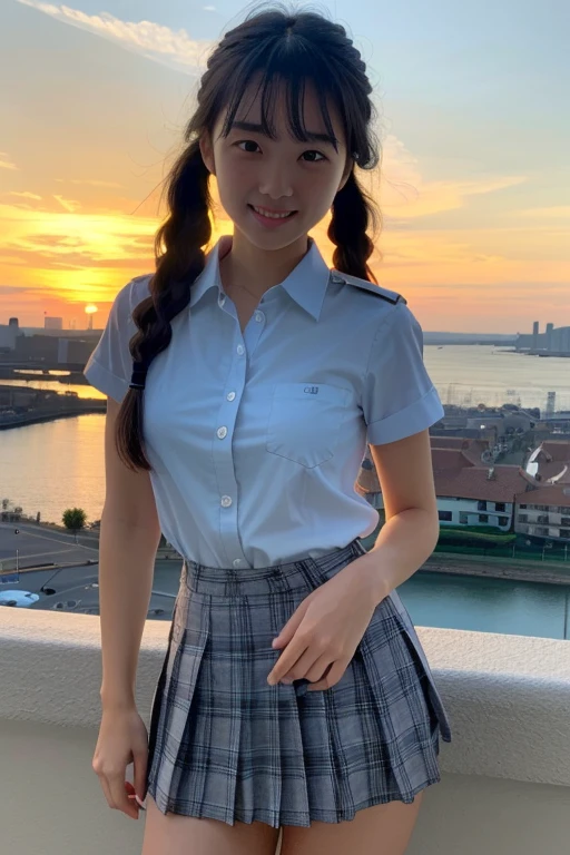 (masterpiece:1.3, highest quality, Ultra-high resolution, Very detailed), (Realistic:1.1, photoRealistic:1.4), Beautiful illustrations, Perfect lighting, colorful, Written boundary depth, Beautiful detailsまでこだわった髪, Beautifully detailed face, Beautiful details, Beautiful clavicle, Beautiful body, Beautiful breasts, Beautiful thighs, Beautiful legs, Beautiful fingers, View audience, 1 girl, Japanese, high school girl, Perfect Face, (Perfect Anatomy, Anatomically correct), Cute and symmetrical face, , Sunburn, Shiny skin, (Middle Hair:1.5, Twin tails:1.2, blonde), Asymmetrical bangs, blue eyes, Long eyelashes, (Medium Chest), thin, ((Collared short-sleeved shirt, Light blue shirt, , Grey plaid pleated skirt, To the Navy)), No pants, (Beautiful views), evening, (Outdoor, distant cityscape), Are standing, (peace sign), (Cute Smile, Blushing、Upward glance, Open your mouth), (Open Girl'Cat:1.3), hour々squat:1.2,Put your finger in your pussy:1.5,((A large amount of pee is sprayed from the vagina)),(((Very few, Young face and breasts))),(Cleavage:1.1),(Very small and flat chest:1.2),