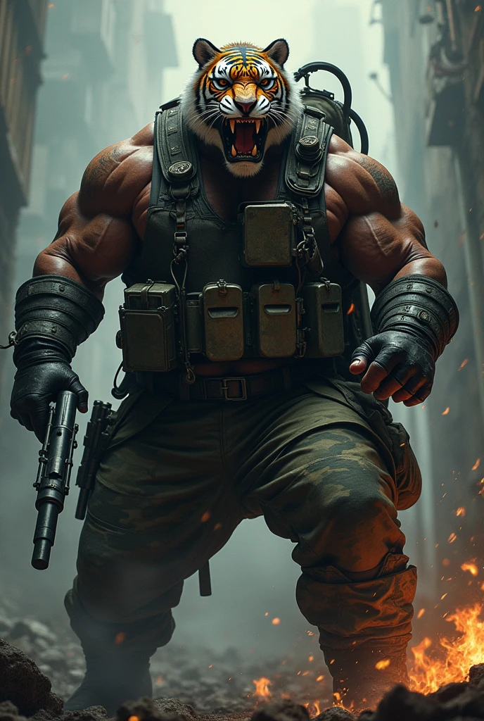 (a dark-skinned fat muscular old man in camouflage diver suit) carrying a gun in right hand, (wearing realistic roaring tiger mask), dynamic action pose, fierce expression, showcasing an imposing stature, surrounded by military elements, dramatic shadows and intense highlights, cinematic color tones, high detail, powerful, art influenced by Bruce Onobrakpeya and Stanley Artgerm, ultra-detailed, best quality image, action-packed atmosphere. fighting stance