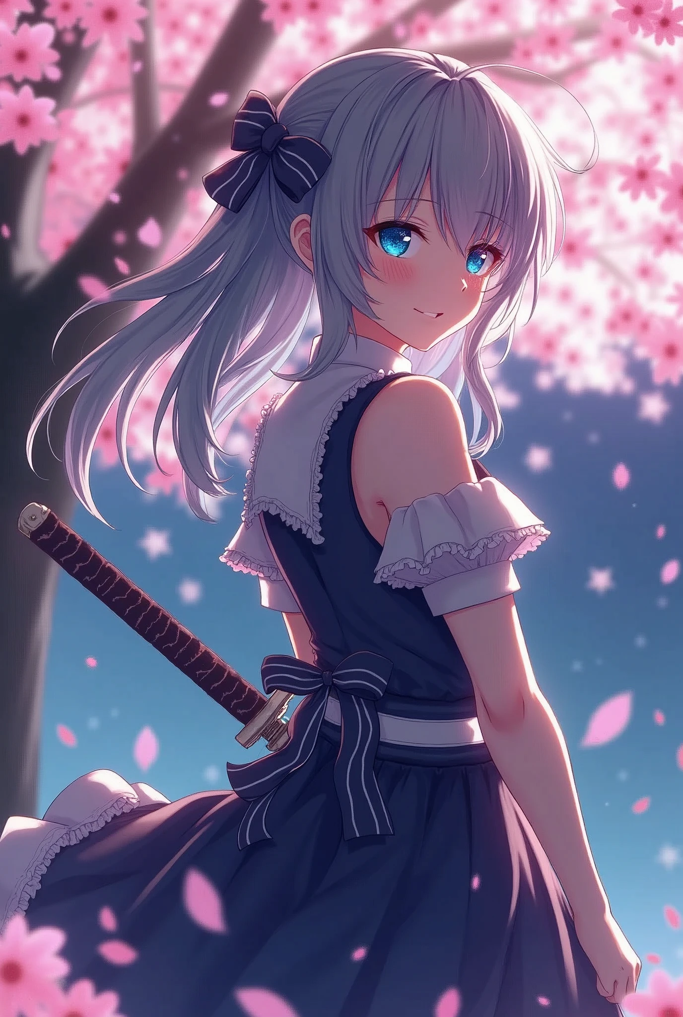 (((masterpiece))),(((Highest quality))),((Very detailed)),(shape),(Dynamic Angle), ((Touhou Project)),(A slim body),((Disheveled Hair)), (((Voluptuous Body))),(((He smiles lightly and unleashes his sword technique.))), ((Girl wearing black tights)), (((View from the front))),((Beautifully detailed body)),((side、Shoulders are exposed)),(((Mysterious and sparkling blue eyes)))Gray Hair, ((Colorful Hair)),((Striped and long hair)), Beautiful attention to detail,(Gradient color eyes),(((Delicate eyes))), (((background))),(((High saturation))),(((Konpaku Youmu))),(((In front of cherry blossoms in the night view))