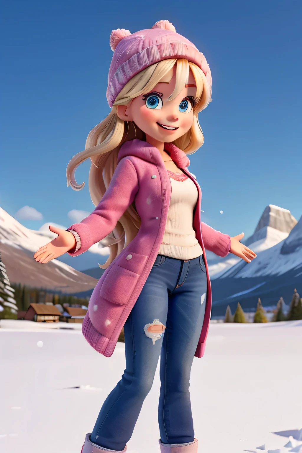 blonde woman with long hair, blue eyes, Grinning, glad, with both arms raised at the same height as your shoulders, open arms, in the snow with mountains in the background of ice, with pink coat and pink winter cap, with jeans, qualidade hd, 4K, ultra HD, large image size