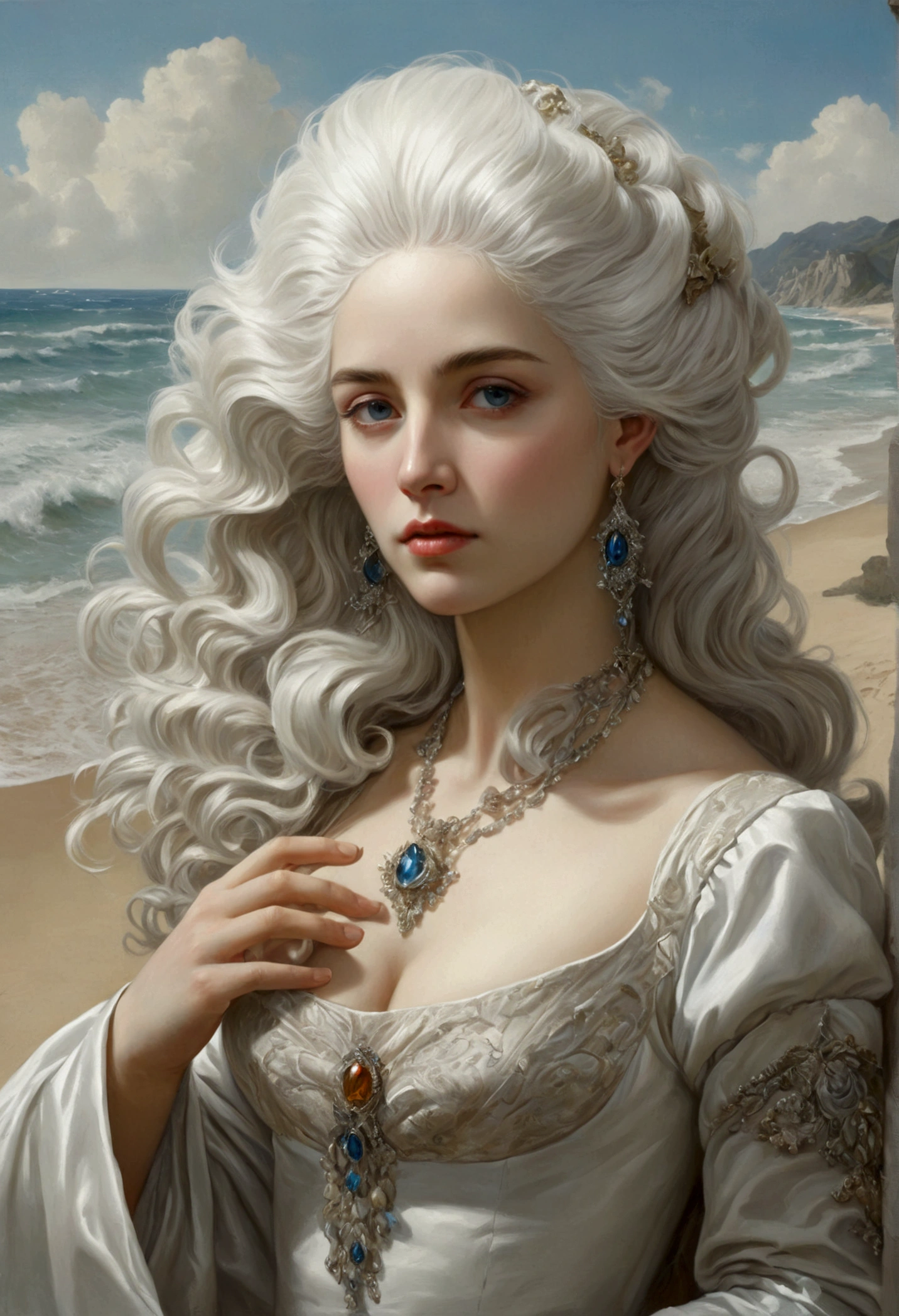 ((Highest quality)), ((masterpiece)), (detailed), Beach,White Hair,Fantasy,baroque painting