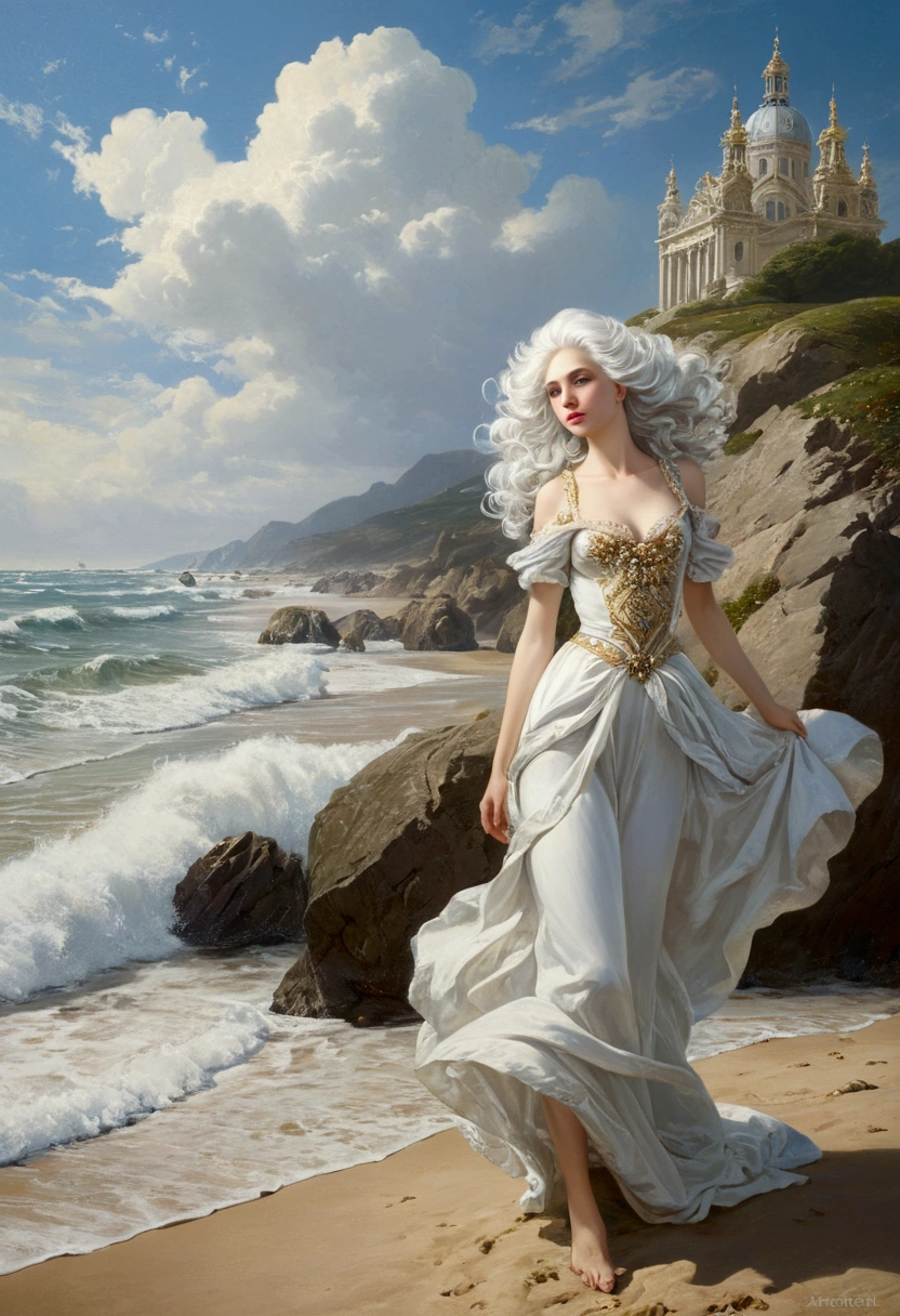 ((Highest quality)), ((masterpiece)), (detailed), Beach,White Hair,Fantasy,baroque painting,Divine Comedy Time and Prison Chapter