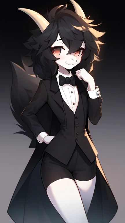 Best quality, Super detailed illustration, (fluffy goat boy:1.4), (matte black fur color:1.4), feminine face and body, disheveled thick hair, elegant outfit with bow tie, tailcoat, short shorts, Tight stockings, shy smile, Femboy, small waist, wide hips, Slim, Perfect body, long demon tail