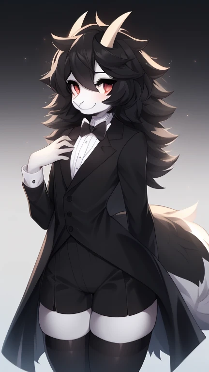 Best quality, Super detailed illustration, (fluffy goat boy:1.4), (matte black fur color:1.4), feminine face and body, disheveled thick hair, elegant outfit with bow tie, tailcoat, short shorts, Tight stockings, shy smile, Femboy, small waist, wide hips, Slim, Perfect body, long demon tail