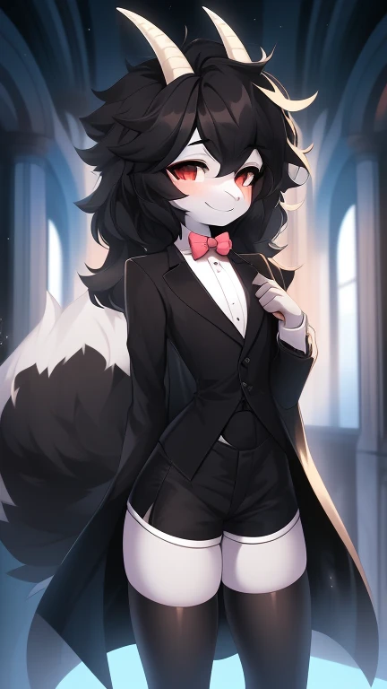 Best quality, Super detailed illustration, (fluffy goat boy:1.4), (matte black fur color:1.4), feminine face and body, disheveled thick hair, elegant outfit with bow tie, tailcoat, short shorts, Tight stockings, shy smile, Femboy, small waist, wide hips, Slim, Perfect body, long demon tail