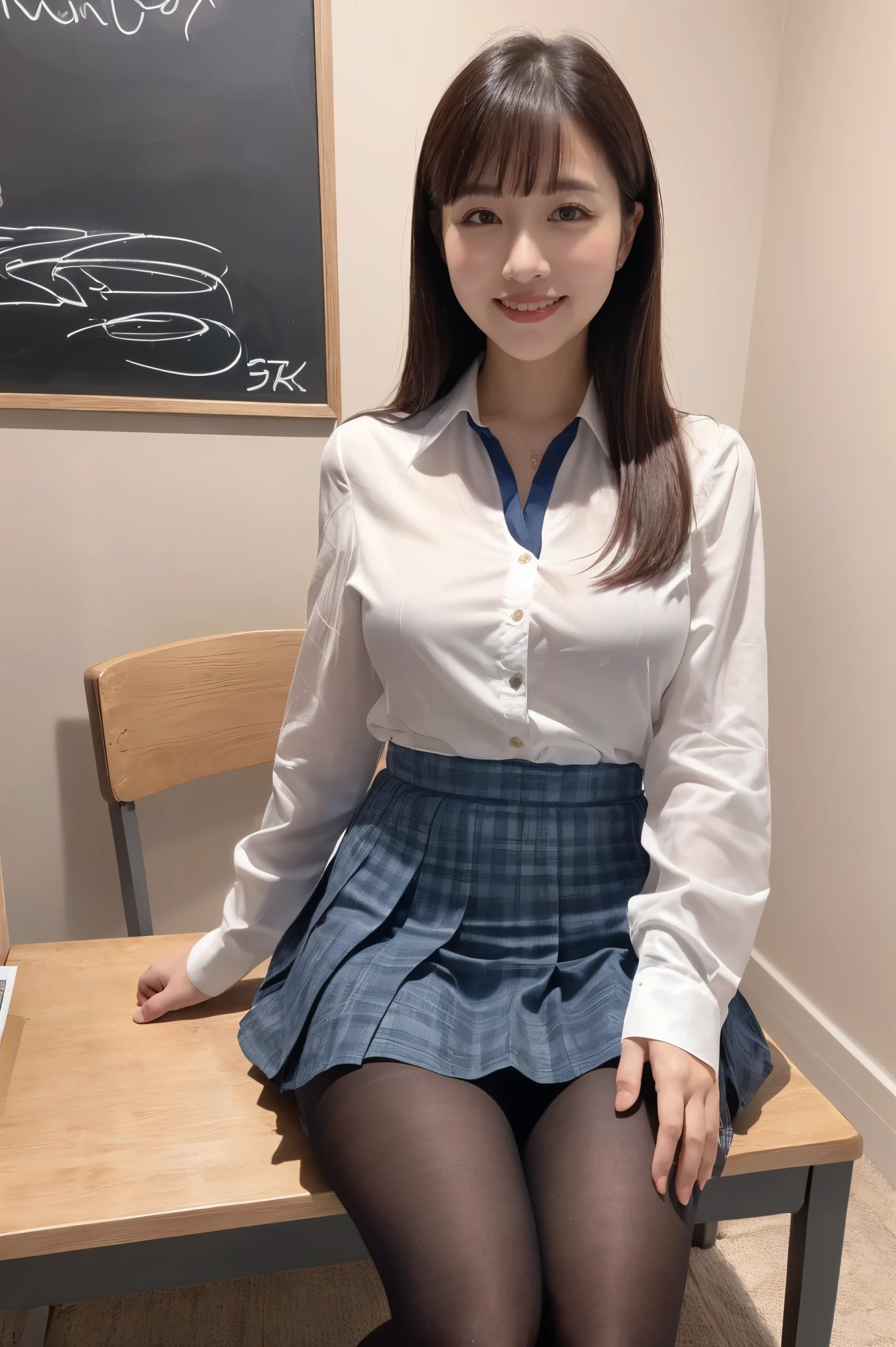 (((8k、High resolution、Highest quality、High resolution)))alone、Natural body shape、White skin、Natural Makeup、((Black Hair、bangs、Straight Long Hair))、(((Sitting on a chair, Grin)))、、(:1.4)、(())、(((((Full body photo)))))、(((Looking into the camera)))、(((Wear a uniform on the upper body)))、Bedroom、(((Of high school))) 、((white collared long sleeve blouse))、(())、((Pleated skirt with dark blue plaid pattern、mini skirt、Ultra-realistic pantyhose))、、、Expressionless、((Exposing your thighs)), Beautiful mature woman