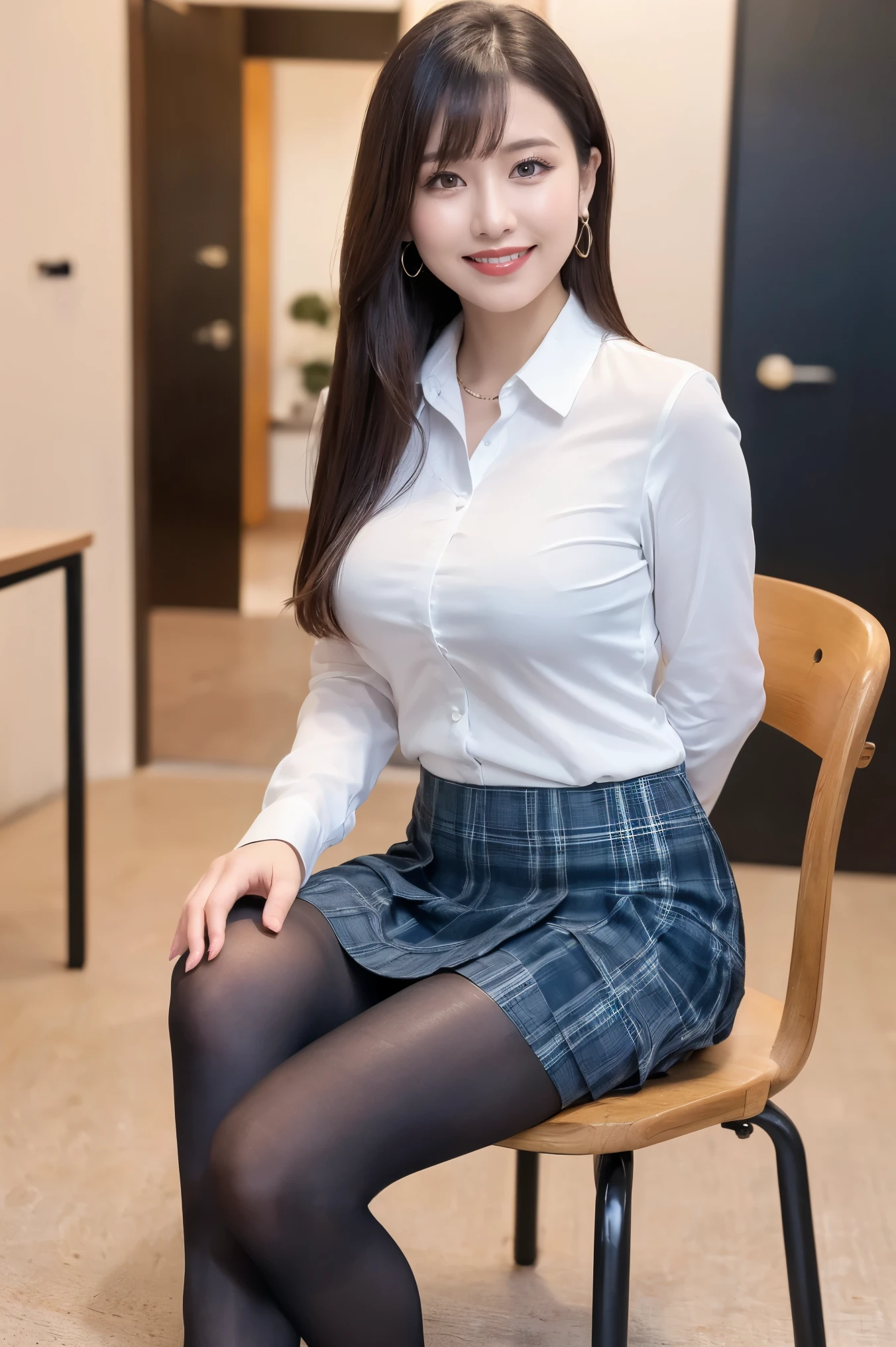 (((8k、High resolution、Highest quality、High resolution)))alone、Natural body shape、White skin、Natural Makeup、((Black Hair、bangs、Straight Long Hair))、(((Sitting on a chair, Grin)))、、(:1.4)、(())、(((((Full body photo)))))、(((Looking into the camera)))、(((Wear a uniform on the upper body)))、Bedroom、(((Of high school))) 、((white collared long sleeve blouse))、(())、((Pleated skirt with dark blue plaid pattern、mini skirt、Ultra-realistic pantyhose))、、、Expressionless、((Exposing your thighs)), Beautiful mature woman