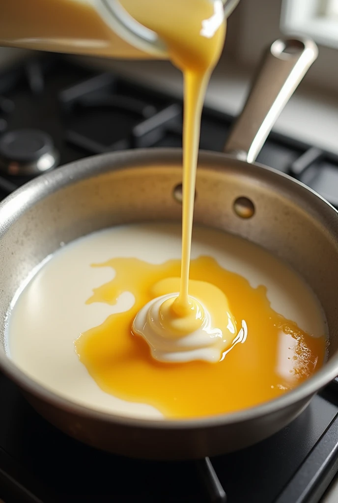 Add a mixture of an egg ,milk and flour in a pan with butter.realistic.

