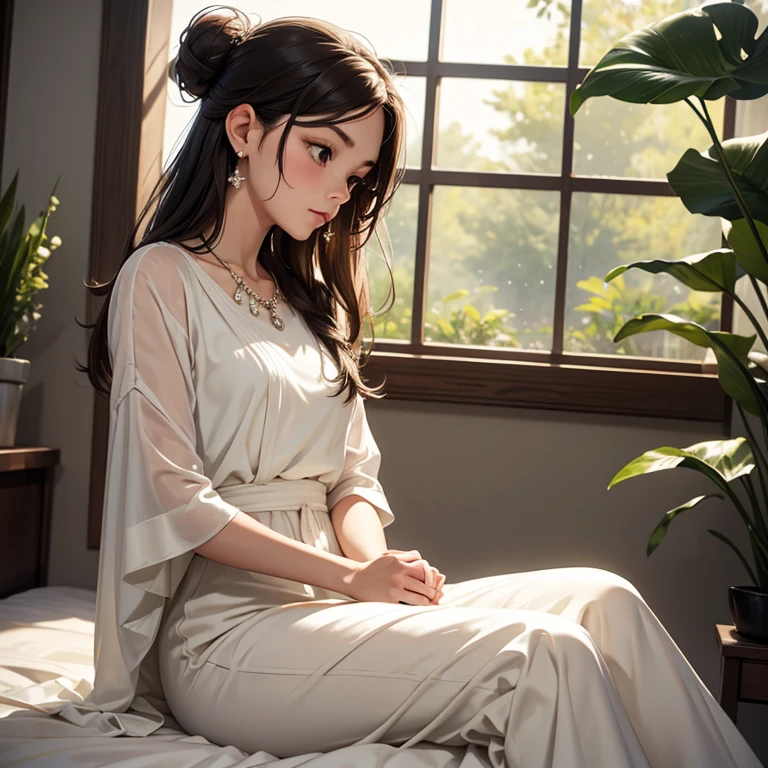 1_1_girl, solo, Pose: Woman standing or sitting with her head slightly tilted down, eyes softly gazing downward, and hands gently touching her face or resting in her lap.Expression: Calm and serene, with a gentle, introspective look.Attire: Soft, flowing outfit such as a delicate dress, a light blouse, or an elegant gown that complements the serene mood.Hair: Styled naturally in loose waves, a soft bun, or cascading straight hair that frames her face.Makeup: Soft and subtle, with natural tones that enhance her features without overpowering them.Background: A simple, soft-focus background such as a blurred nature scene, a pastel gradient, or a minimalist indoor setting.Lighting: Soft, diffused lighting that creates a gentle glow on her face and adds to the peaceful atmosphere.Accessories: Minimal, such as a delicate necklace, small earrings, or a simple bracelet.Props: Optional, such as a single flower held gently, a book, or soft fabric that adds texture.Mood: Peaceful, gentle, and introspective.