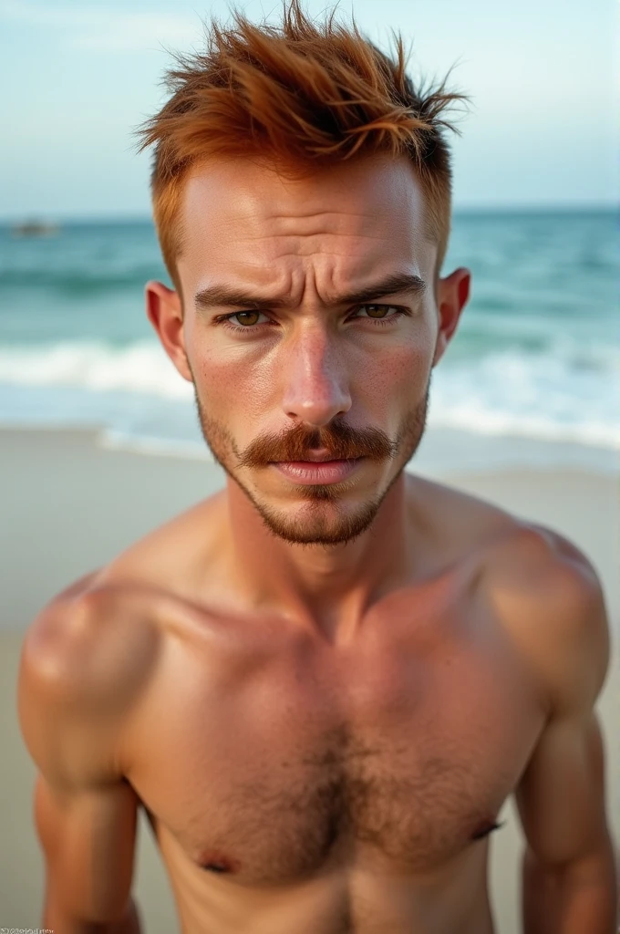 A man with a thin face, short red hair, thin brown mustache, light brown eyes, shirtless on the beach showing the third nipple under the left nipple.