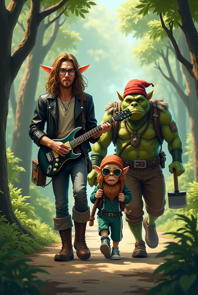 Tall long haired elf guy with glasses, in a leather jacket and boots, with an electric guitar in his hands, he goes with a huge green stupid good friend troll in an adidas tracksuit, together with a fat and strong gnome with an axe in his hands, in a cloak and sandals, they go together through the forest towards adventures, they look very cool