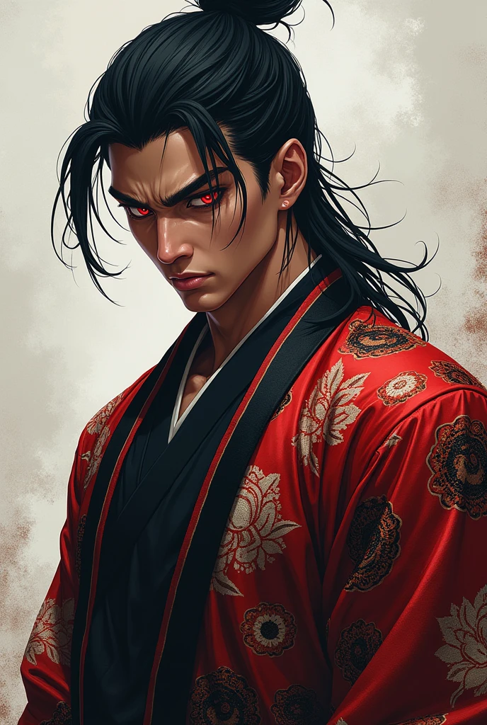 Create a This character is a dark, athletic man with a striking presence.. Her black hair is tied in a high bun, with loose strands falling softly around her face, accentuating his sharp features. Their eyes, penetrating and red in color, convey an intense and calculating look, implying that he is someone with great power and a strategic mind.He wears an elaborate kimono, adorned with intricate patterns in red, black andwhite, symbolizing a mix of Wano traditions and a dark twist that may hint at its Teach heritage