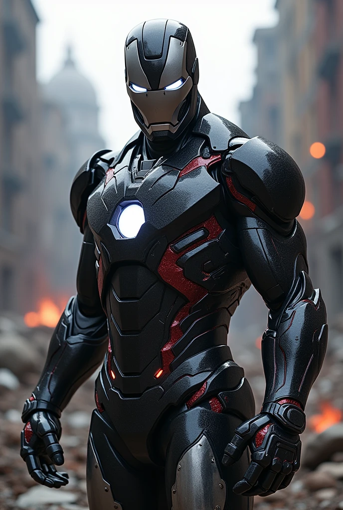 Marvel Hero Iron Man with armor made with the Villain Venom Symbiote, It must have bio armor details and must be very dark, in a destroyed city