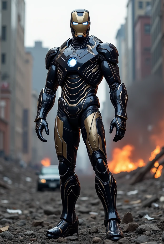 Marvel Hero Iron Man with armor made with the Villain Venom Symbiote, It must have bio armor details and must be very dark, in a destroyed city