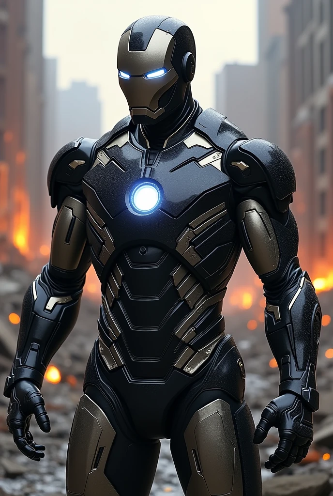 Marvel Hero Iron Man with armor made with the Villain Venom Symbiote, It must have bio armor details and must be very dark, in a destroyed city