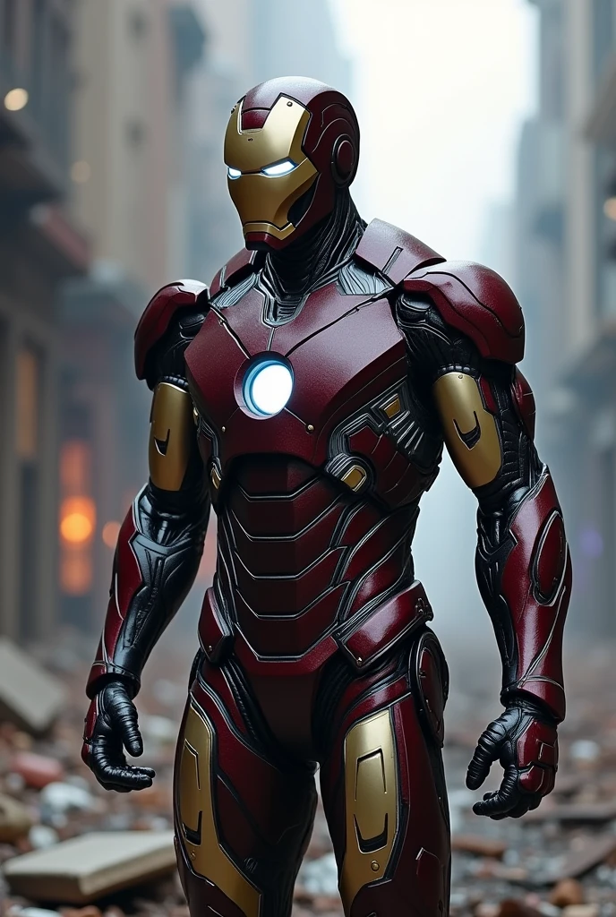 Marvel Hero Iron Man with armor made with the Villain Venom Symbiote, It must have bio armor details and must be very dark, in a destroyed city