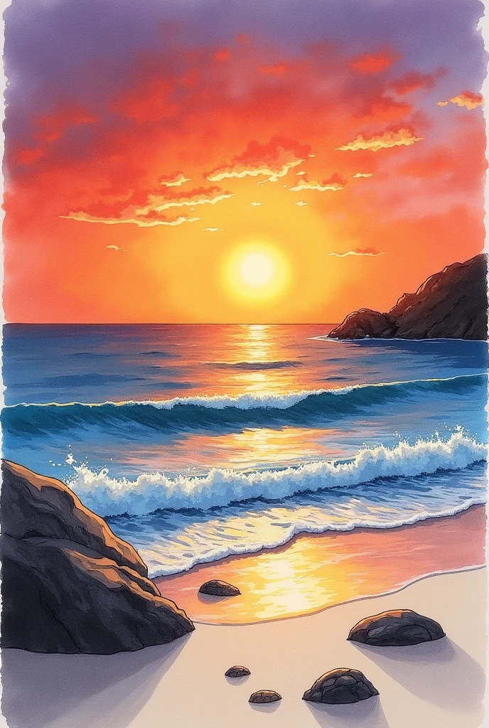 A black and white pencil sketch。The picture shows a sunset scene on a beach。In the foreground are a few rocks and some shells,The middle shot is of waves lapping on the beach。The distant sky is rendered as a gradient of orange-red and purple,The sun is half sinking into the sea level,A golden light path is projected on the sea。The whole picture is rich in color,Full of warmth and tranquility。The lines of the pen add detail to the picture,Watercolor brings soft color transitions。