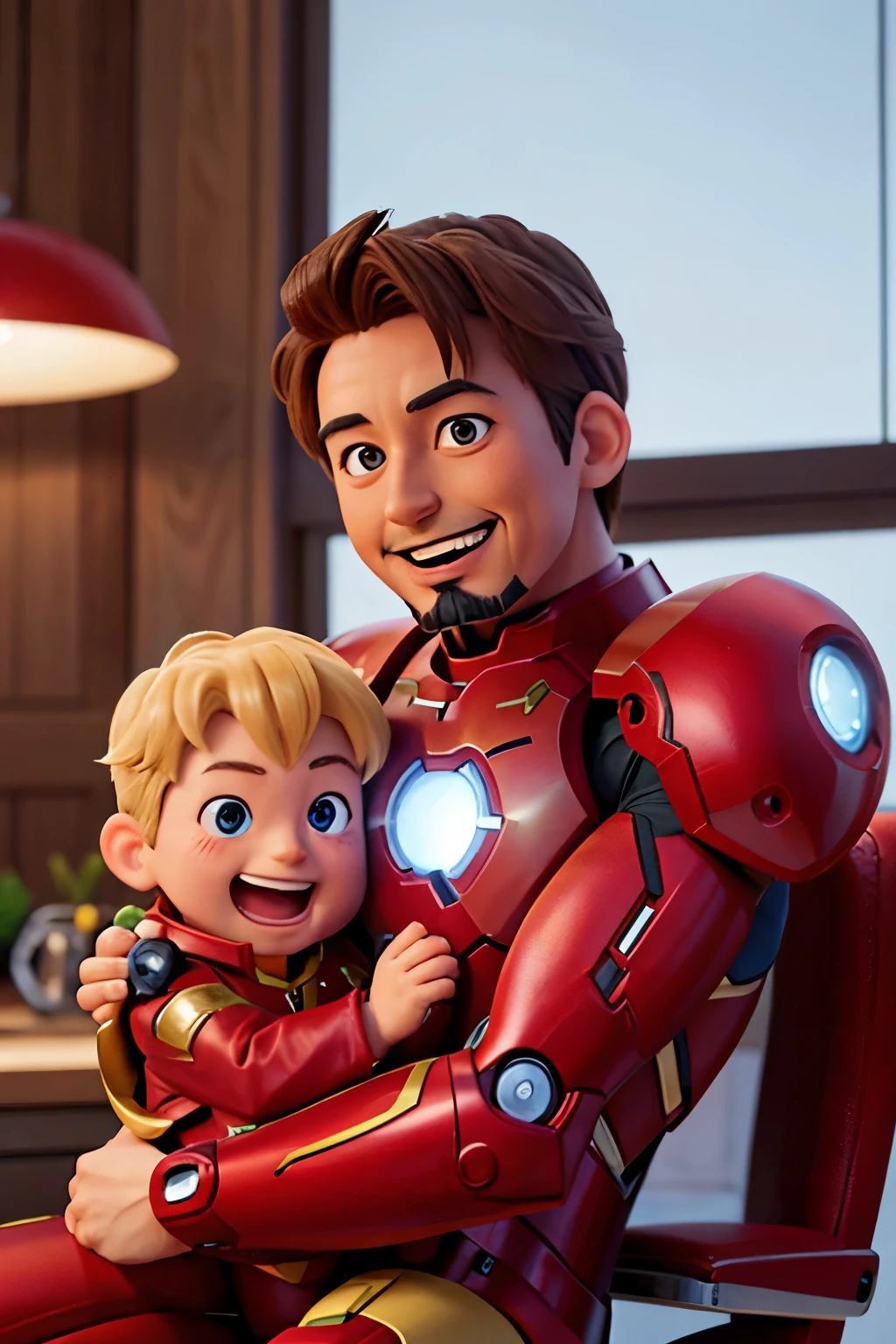 iron man father holding his son on his lap and smiling celebrating father&#39;s day