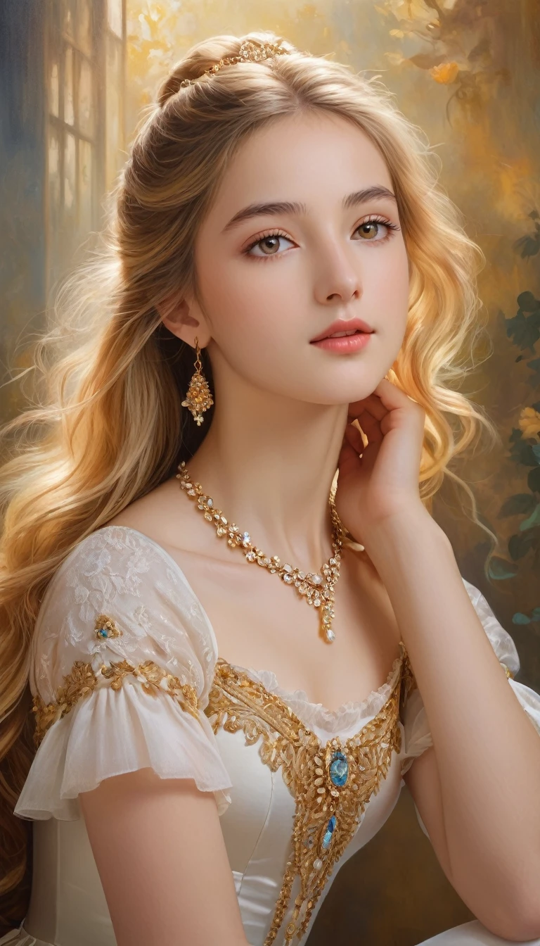 (High resolution,masterpiece:1.2),(Realistic:1.37)"(Highest quality, High resolution, Very detailed, Realistic),Beautiful portrait of a 16-year-old French ballet dancer from the 19th century, (She is half Scottish and half Japanese., She is a beautiful woman with golden eyes and a long nose.:1.1), Exquisite ballet costumes, Detailed facial features, Long and graceful neck, Diamond Necklaces, Flowing blonde locks, Calm and elegant posture, Soft and delicate lighting, Classical Oil Painting Medium, Vibrant colors, A delicate background with a sun motif", Dreamy atmosphere, Surrealism,Mysterious Aura