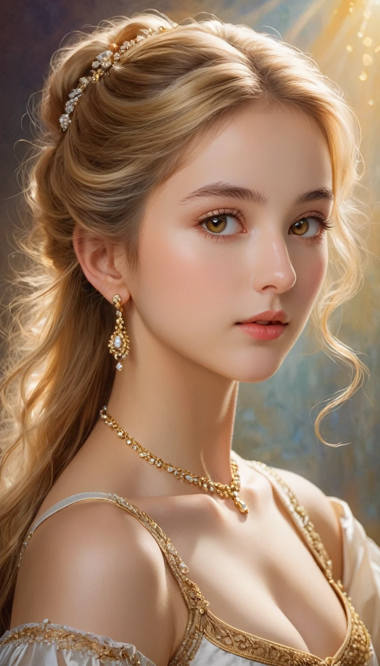 (Best quality,4K,A high resolution,Masterpiece:1.2),one-girl，Divine figures,Flawless face,Serene expression,Exquisite palace setting,surrealist artwork,Ethereal beauty,Angelic being,celestial glow,Elegant and elegant gesture,Golden light shines through the stained glass windows,Vivid and rich colors,Meticulous attention to detail,Elaborately drawn dresses flutter in the wind,Sublime and detached atmosphere,Delicate jewelry shines in the light,Focus on the eyes and lips,Bright skin and radiant complexion,Serenity and otherworldly presence,Hints of magic and mystery,Calm and palatial atmosphere,Heavenly and charming aesthetics,Idealized and immaculate character，Perfect Finger，incredibly detailed