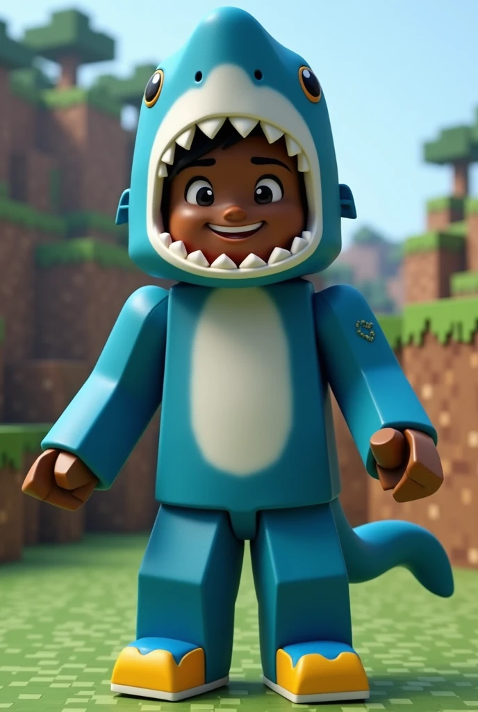 minecraft character, with a shark costume, with chocolate skin, with blue pants, with blue and yellow shoes, Posing for a photo, with a happy face, with Minecraft background, with the realistic image