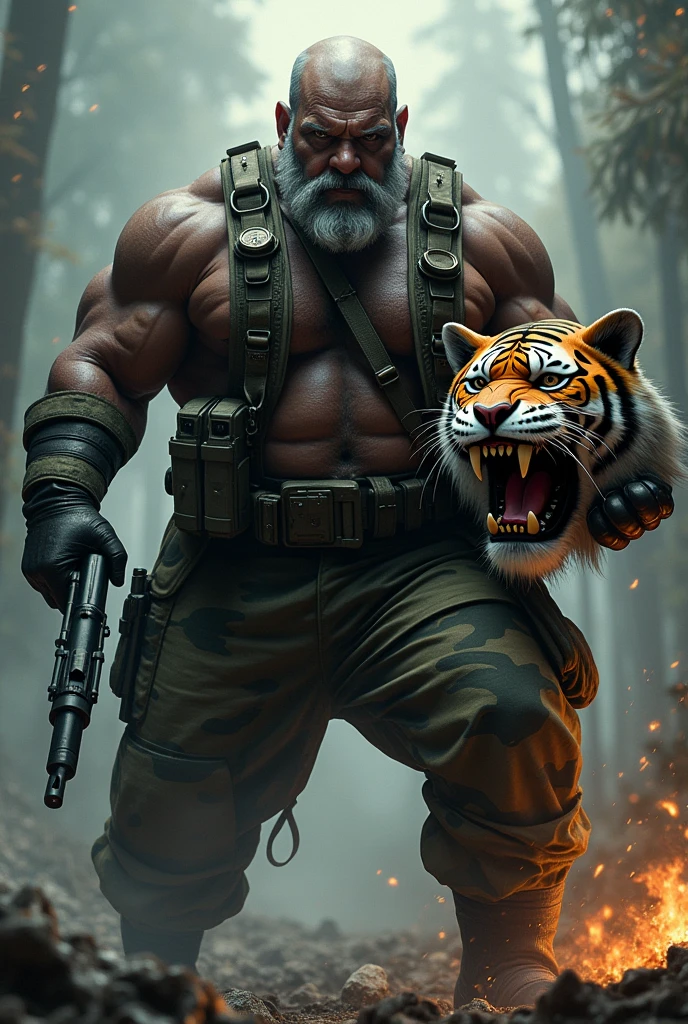 (a dark-skinned fat muscular old man in camouflage diver suit) carrying a gun in right hand, (carrying realistic roaring tiger mask in left hand), dynamic action pose, fierce expression, showcasing an imposing stature, surrounded by military elements, dramatic shadows and intense highlights, cinematic color tones, high detail, powerful, art influenced by Bruce Onobrakpeya and Stanley Artgerm, ultra-detailed, best quality image, action-packed atmosphere. fighting stance