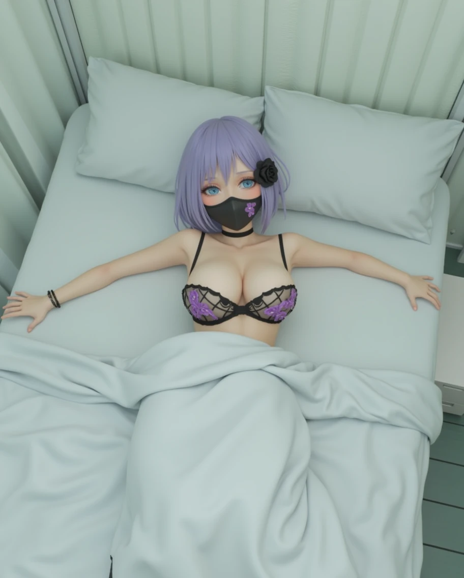 character: a cute sexy beautiful young girl(21 years aged). body :blue eyes, purple kempt hair ,medium breasts, perfect sexy body wearing : a black mask that covers her mouth , a black rose on her hair ,a black ribbon around her neck, *a sexy half purple transparent bra with black strips and flower design, *a black panty with purple strips and purple flower design, a black colored bracelet on her left hand only , long socks and boots, just wearing these all setting: she is lying on a white bed showing her full body from top-front view. pose: shown her full body , spreads her both hands on both side, winks at us with lustful eyes ( "*" marked must be done well )