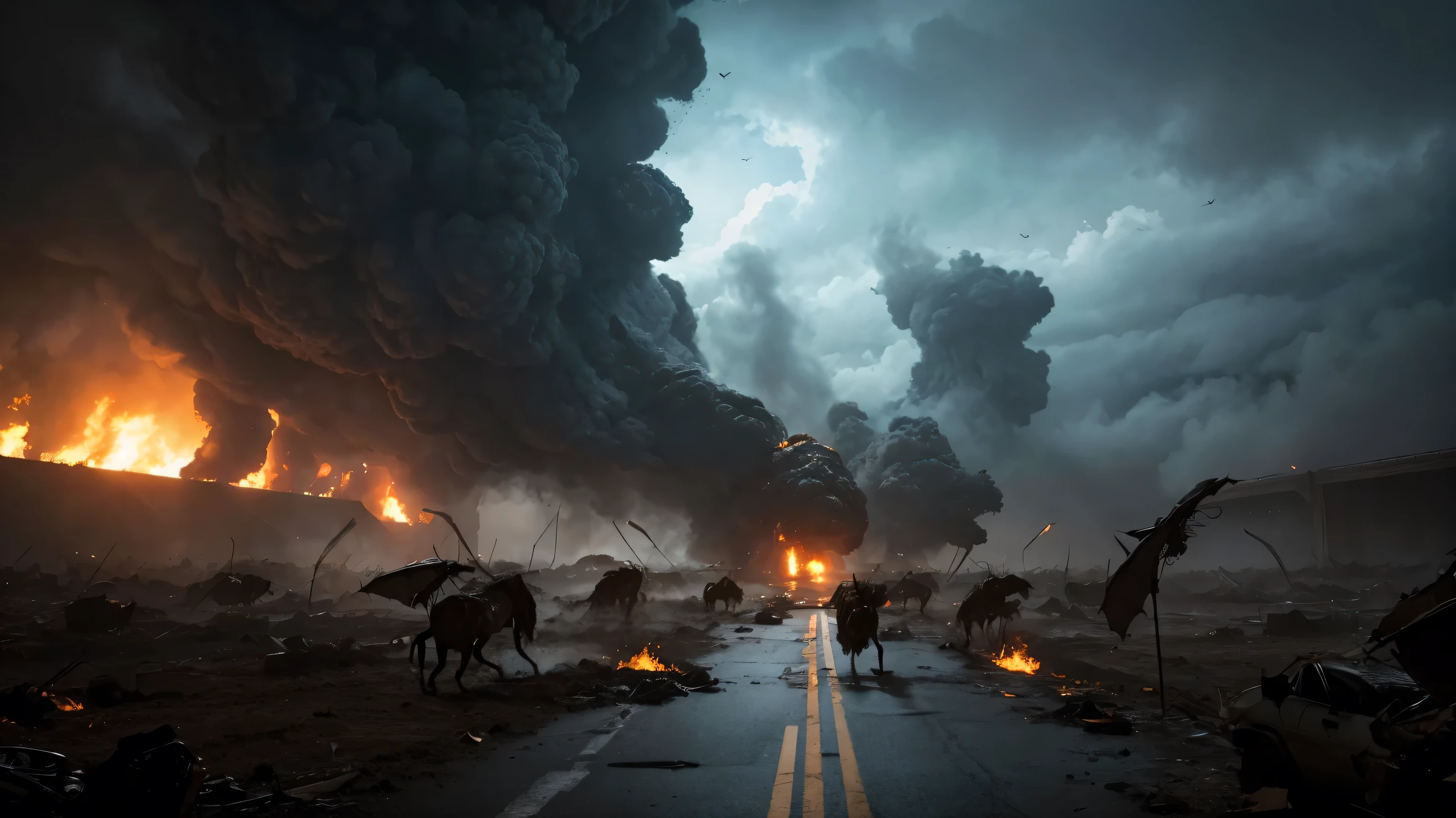 Create a dramatic and cinematic scene depicting a catastrophic event where a star falls from the sky and unlocks a bottomless abyss. A massive cloud of smoke emerges, blocking the sun and darkening the air, casting everything into a shadowy gloom. In the foreground, chaotic scenes unfold as people panic, realizing this is not just a temporary weather phenomenon but a catastrophic event. Amidst this chaos, terrifying demon-like locusts emerge from the abyss. These locusts are surreal in appearance, resembling armored horses with golden crowns and human-like faces, their hair flowing like that of women, and teeth sharp like lions. Their wings create a sound like an army marching, and their tails are like scorpions with stingers capable of inflicting unbearable pain. Capture the fear and intensity of this scene, emphasizing the ominous atmosphere and the menacing presence of the locusts.