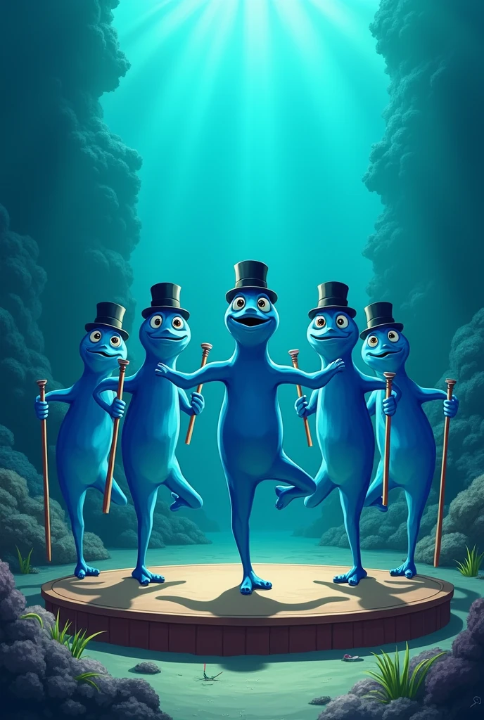 Naked, comical blue fishes wearing top hats on their heads、Holding a walking stick in one hand。They were on a small stage in the ocean、They stand in a row with their arms around each other's shoulders。All the members performed a dance with one leg raised high in front of the other.、Trying to liven up the show。