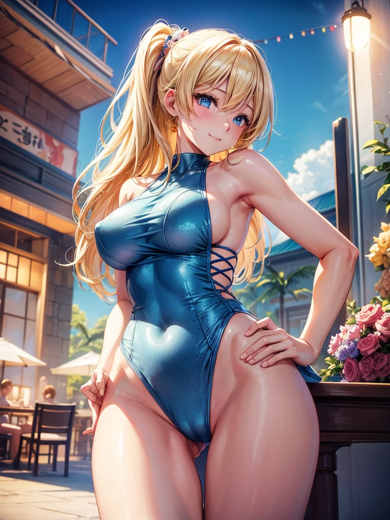 Anime style, super fine illustration, super clear illustration, highly detailed, beautiful detailed, super pale tone image, super delicate illustration, super calm & static image, sexy posing Portrait, static representation, gentle expression, 8k, angle from behind, pretty 1girl with blonde straight short hair & blue eyes & a bright smile & Big breasts & wide hips & pink nipples & soft fair skin is wearing the swimsuit in the pool bar, in the midnight, romantic stories, solo, perfect fingers, perfect arms, perfect legs, masterpiece, 布ははためかない, 布はいらない, 布はいらない,