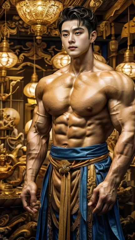disconsolate,Ambient,artistic conception,large scene,The wind blew up the white curtains,Dattain lamps,Diffuse light,chest muscle,detailed face, Shirtless, stubbles, Sideburns, musculature, Strong handsome korean guy, a golden statue of handsome men god , multiple hands holding some weapons, , Hanfu,Golden blue、Jing Qing Moqing、jackson wang, Plain cherry blue,Junyi,Dignified atmosphere,Temperament,Short hair, Flat-headed beautiful man,The light is gentle,The scene comes to life