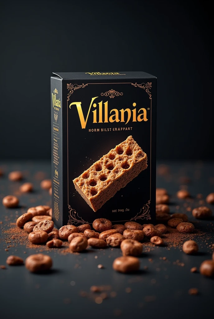 Create a cereal bar with Villania written on the packaging 