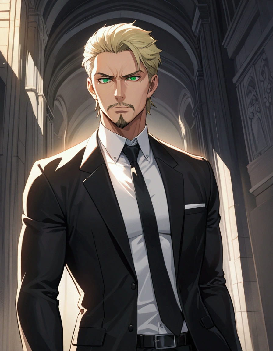 1man, man in black, vigorous mature, business hair with asymmetrical bangs, goatee, green platina blond hair, emerald eyes, BREAK 40yo, charming caucasian, slightly long chiseled face, deep set, angular jaw, facial wrinkles, crewcut, BREAK ideal ratio body proportions, middle weight muscular, beautiful detailed eyes, dark hero, best eyes, BREAK solo, funeral black suit, black necktie, white shirt, at wall street, detailed background, serious, cool expression, natural standing, BREAK upperlegs, dramatic expression, in persona style, masculine comic art, 2010s, retro visual novel, in newest eroge style, dutch angle, cinematic shadows, cinematic lighting, lens flare, light leaks, texture, absurdres absolutely resolution, extreme all detailed, greatest painting, BREAK masterpiece, best quality, highest resolution, hyperdetailed, incredibly absurdres