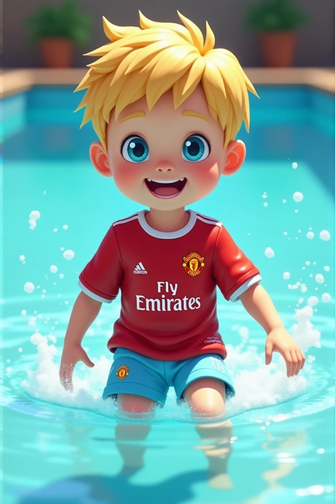 A blond boy with red machchester jersey and baby blue shorts in the swimming pool