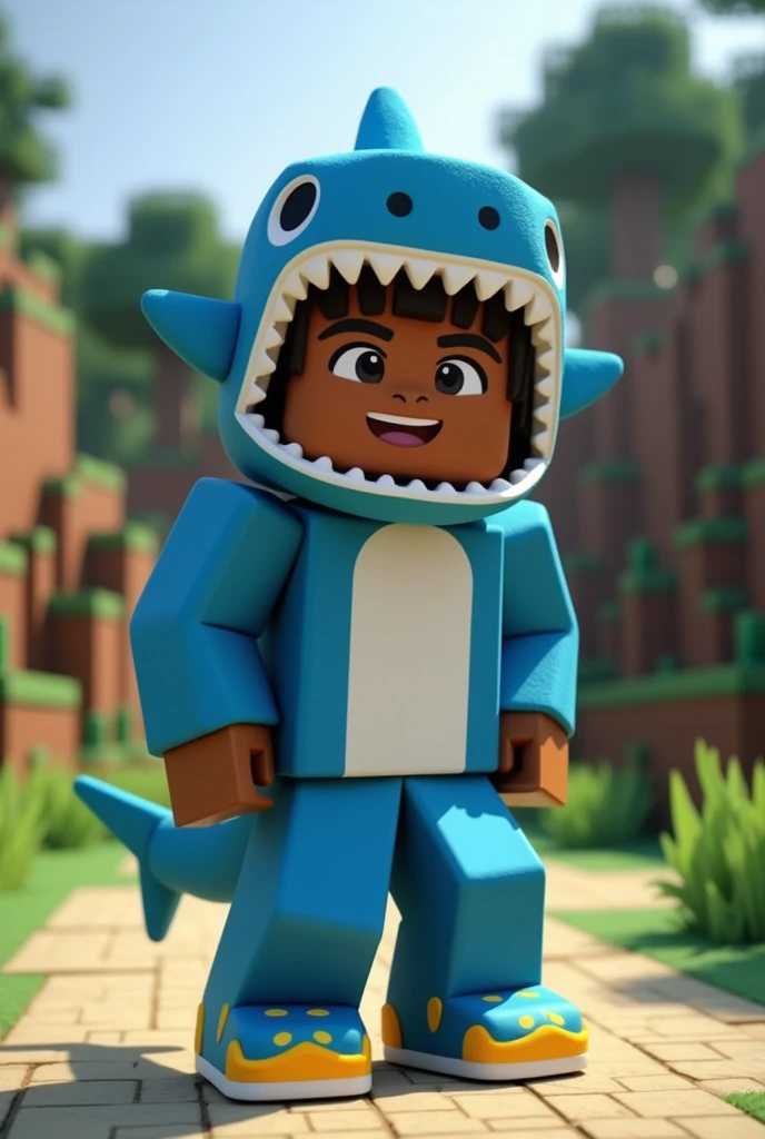 minecraft character, with a shark costume, with chocolate skin, with blue pants, with blue and yellow shoes, Posing for a photo, with a happy face, with Minecraft background, with the realistic image